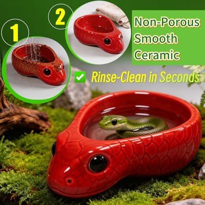 Reptile Water Dish, Ceramic Snake Water Bowl for Snake, Leopard Gecko, Bearded Dragon and Lizard, Reptile Bathing Pool Food Feeding Dish, Terrarium Tank Accessories (Red) - color: Red