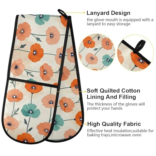 Dual-functionality Mitts and Pot Holders Sets High Heat Resistant Pot Holder Gloves Kitchen Aid BBQ (Minimal Poppy Boho Flower) - color: Minimal Poppy Boho Flower