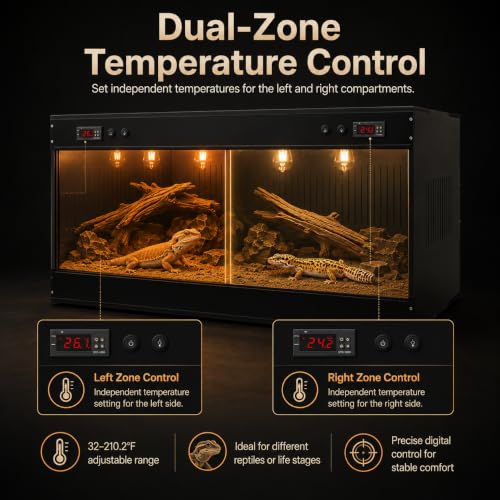 Reptile Tank Terrarium 39.4 x 19.7 x 19.7 in, Dual Digital Temperature Control PVC Reptile Enclosure with Semi-Clear Front Window & E27 Lamp Holders for Geckos, Snakes, Turtles, Bearded Dragons, Black
