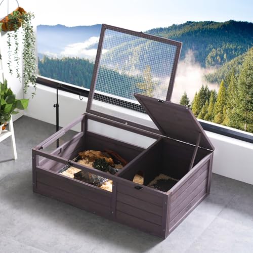 VEVOR Tortoise Habitat, Cedar Wooden Tortoise House Indoor & Outdoor, Tortoise Enclosure with Adjustable Lamp Holder, 2-Room Reptile Enclosure Small Animal Cage for Gecko, Lizard, Snake 38x24x13 inch - style: A Tortoise Habitat