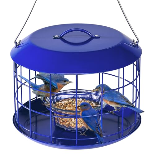 Kingsyard Bluebird Feeders for Outdoors Hanging | Metal Cage Bird Feeder with Tray, Squirrel Proof, for Small wildbirds, Weatherproof, Easy to Refill and Clean, Blue - color: Blue