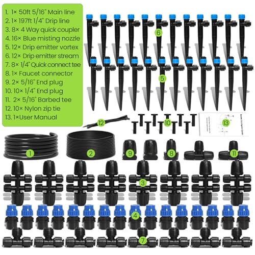 Drip Irrigation System Kit for Garden Watering, 247FT Quick Connect | For Garden, Raised Beds, Greenhouses, with 50FT 5/16" Mainline + 1/4" Tubing + 40 Emitters, 20-45 PSI and up to 40 GPH - size: 247 FT - 50 FT 5/16" Tubing + 197 FT 1/4" Tubing