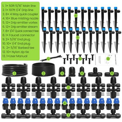 Drip Irrigation System Kit for Garden Watering, 247FT Quick Connect | For Garden, Raised Beds, Greenhouses, with 50FT 5/16" Mainline + 1/4" Tubing + 40 Emitters, 20-45 PSI and up to 40 GPH - size: 247 FT - 50 FT 5/16" Tubing + 197 FT 1/4" Tubing