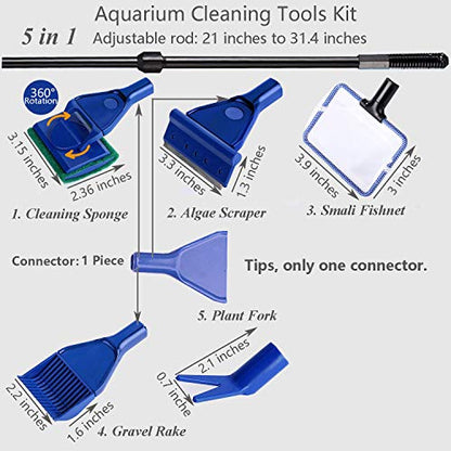 Aquarium Cleaning Tools Kit 5 In 1 Function for Long Deep Fish Tank, Adjustable Length Rod, Including Algae Scrape, Cleaning Sponge, 3.9" Small Fishnet, Gravel Rake, Plant Fork