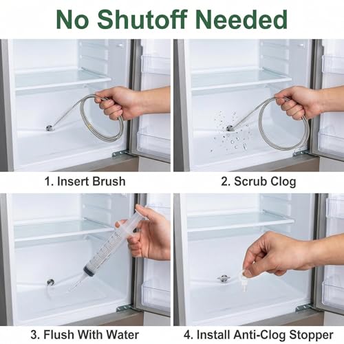 7-Piece Refrigerator Drain Hole Cleaner Kit, 60in Flexible Fridge Drain Cleaning Brush & Hose Set with Syringe, Plungers and Shovel for Unclogging Fridge Water Line & Dispenser
