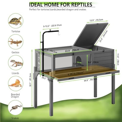 PRETZI Tortoise Habitat with Adjustable Lamp Holder | Tortoise Enclosure with Adjustable Lamp Holder, Wooden Turtle Enclosure Indoor/Outdoor for Small Animals with Detachable Legs