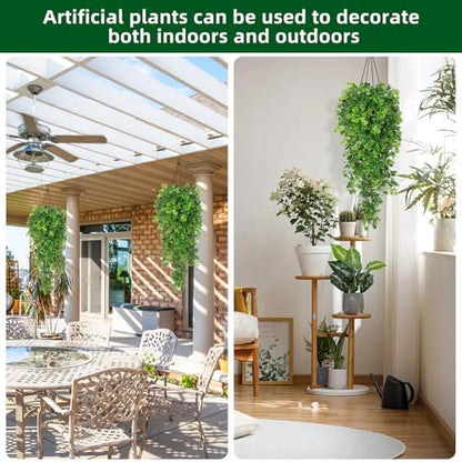 RECUTMS Fake Hanging Plants 2Pcs Outdoor Greenery Artificial Hanging Flower for Outdoors Hanging Basket Artificial Hanging Plants Plastic Home Garden Wedding Party Shelf Aesthetic Decorations(Green) | Faux Green Flowers with Eucalyptus Leaves UV Resistant