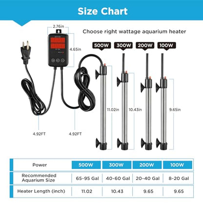 500W Titanium Aquarium Heater, Submersible Fish Tank Heater with Digital Display Temperature Controller, 0℃-40℃ Adjustable, Fast Heating for 65~95 Gal Saltwater Reef Fish Tank, MX-9016(500W) - size: 500W
