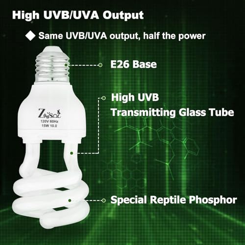 UVB Light Bulb for Reptiles 15W 10.0 High UVB-Transmitting-Glass Tube Spiral Lamp UVA UVB Reptile Light for Bearded Dragon - size: 15W10.0