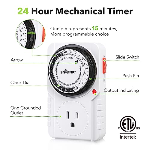 BN-LINK 24-Hour Heavy Duty Mechanical Timer Outlet,Indicator Light, 3-Prong | 15-min intervals; Indoor Plug-in Timer for Christmas Decoration, Aquarium, Grow Light, Home Appliances, ETL,1875W/15A,2-Pack - size: 2 Pack