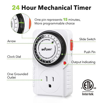 BN-LINK 24-Hour Heavy Duty Mechanical Timer Outlet,Indicator Light, 3-Prong | 15-min intervals; Indoor Plug-in Timer for Christmas Decoration, Aquarium, Grow Light, Home Appliances, ETL,1875W/15A,2-Pack - size: 2 Pack
