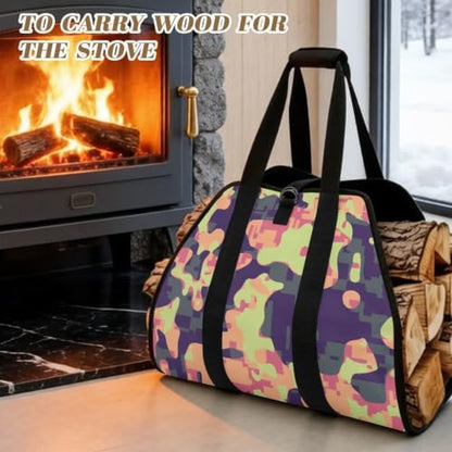 Pixel Camo Print Firewood Carrier Bag with Padded Handles | Adjustable Buckle Straps, Water Resistant, Suitable for Indoor Fireplace and Outdoor Camping - color: Pastel Pink Purple Pixel Camo Print