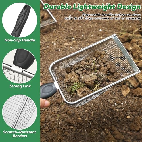4-Pack Stainless Steel Soil Sifter Set with Handle, Multi-Mesh Garden Sifter for Compost, Sand, Rocks - Gardening Tool & Reptile Sand Scoop for Litter Cleaning, Beach Shell Sifting