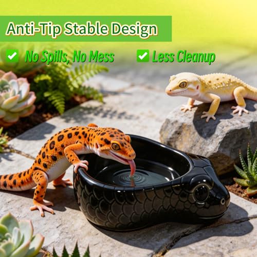 Reptile Water Dish, Ceramic Snake Water Bowl for Snake, Leopard Gecko, Bearded Dragon and Lizard, Reptile Bathing Pool Food Feeding Dish, Terrarium Tank Accessories (Black) - color: Black