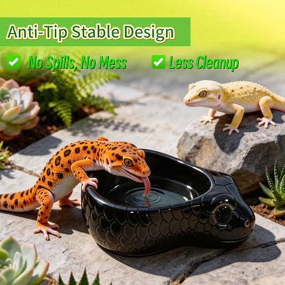 Reptile Water Dish, Ceramic Snake Water Bowl for Snake, Leopard Gecko, Bearded Dragon and Lizard, Reptile Bathing Pool Food Feeding Dish, Terrarium Tank Accessories (Black) - color: Black