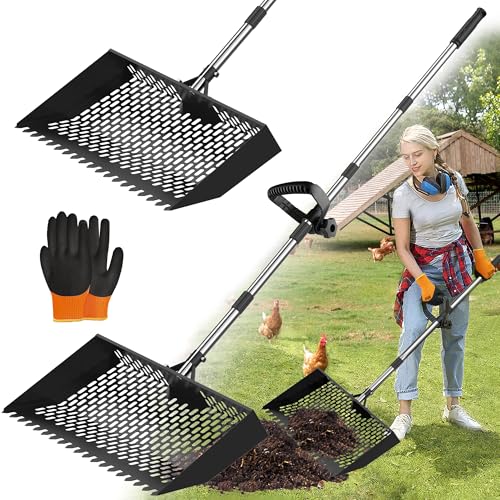 15 inches Large Chicken Poop Scooper & Rake 2-in-1, Adjustable Chicken Coop Pooper Shovel (37 to 77"), Sifting Litter Shovel Scoop for Chicken Coop/Goat Stall/Stable Cleaning Tool - size: New Style - 15 inch