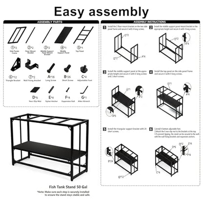 Fish Tank Stand, 50-75 Gallon Heavy Duty Metal Aquarium Stands, Reptile Tank, Turtle Tank, Breeder Tank Stand, 900LBS Capacity Terrarium Stand Rack with 2-Tier Storage Shelves (47.8"x19.7"x31.5") - color: Black, size: (50 Gallon)47.8"x19.7"