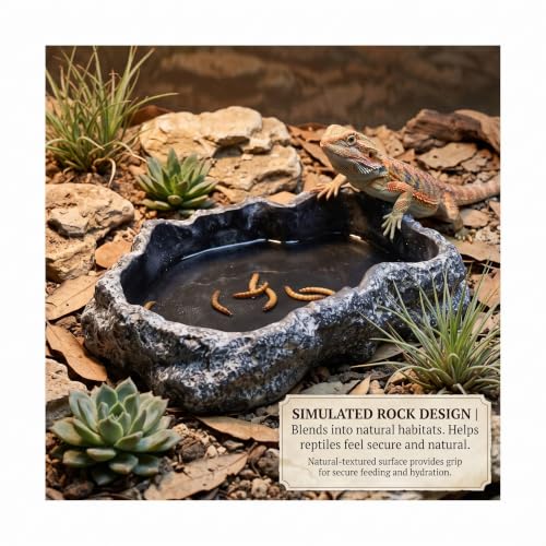 Reptile Water Dish with Natural Rock Texture, 600ml Tortoise Water Bowl for Amphibians & Reptiles, Black, 8.9x6.50x1.77 Inch, Snake Bowl - color: Black
