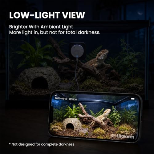 litokam F1.0 Aperture Fish Tank & Reptile Pet Camera.2K 3MP Anti-Glare Aquarium Terrarium Camera with Close-Focus Lens, 147° Ultra-Wide Angle, 3X Zoom, 2.4G/5GHz WiFi