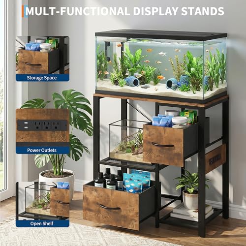 20-29 Gallon Fish Tank Stand, Aquarium Stand with Power Outlet | Heavy-Duty Metal and Wood Aquarium Stand with 6-Leg Support and 4-Tier Open Storage Shelves - color: Brown