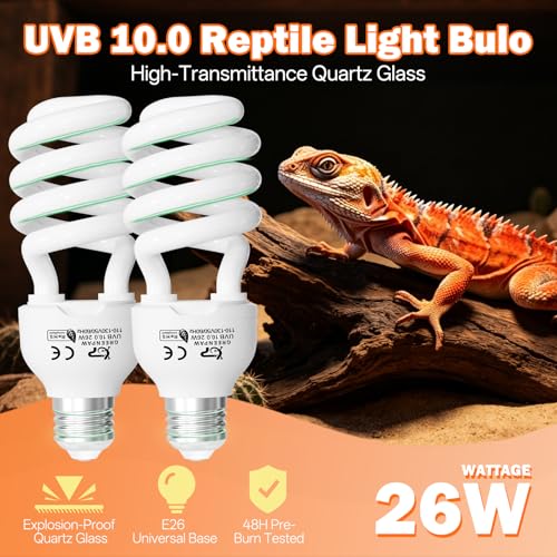 UVB Reptile Light Bulbs 10.0: 26W High Output UVB Light for Bearded Dragon, 2 Pack UVA UVB Light for Reptiles, Reptile UVB Bulb Compact Fluorescent Terrarium Lamp for Tortoises- UV Sensor Test Card - size: 6.5INCH-10.0