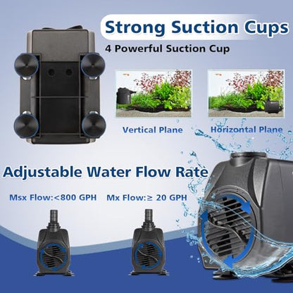 800GPH Submersible Water Pump(3000L/H 60W), Adjustable Ultra Quiet Fountain Pump with 4 Nozzles 10ft High Lift for Aquarium, Fish Tank, Pond, Waterfall, Outdoor, Hydroponics - size: 800GPH
