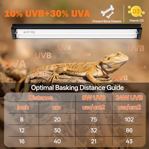 T5 UVB Reptile Light Fixture Combo Kit 24W: 10.0 UVB Light for Reptiles Terrarium Hood Comes with Ho UVB Lamp, 22'' Linear UVB Light Bar for Desert Bearded Dragon,Turtle,Gecko - UV Sensor Test Card - size: 22.6INCH-10.0