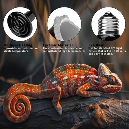 75W 2 Pack Reptile Heat Bulbs for Beared Dragon, Ceramic Heat Emitter, E26 No Light Heating Bulbs for Turtle, Lizard, Snake, Amphibians, Pet Brooder Coop Chicken (75W-Small to Medium Tank) - color: 75w-small to Medium Tank