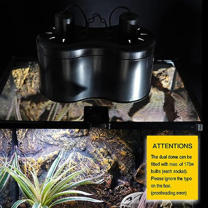 Reptile Dual Dome 12inch, Fits Reptile Light/Heat Lamp/UVB Light, Max. 160W Each,Patent Design K8561, Reptile Light Fixture