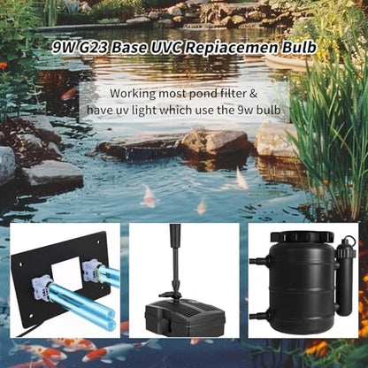 9W UV Light Bulb for Pond Outdoor Clarifier Fish Tank Aquarium | Compatible with JUP-01 UVE9 CF400 CF500 CP-9 Replacement UV Light for Turtle tank, 4 Pcs 9W UV C Lamp for G23 Base - size: 9W-UVBL-4P