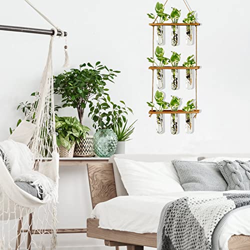 XXXFLOWER Wall Hanging Propagation Station with Wooden Stand Glass Test Tubes Tiered Planters Wall Terrarium for Home Office Plant Hanger Flower Vases Wall Decor Hydroponic Cuttings (9 Tube Vases) | Mini Flower Pothos Test Tube Vase,Wall Decor Hanging Pla