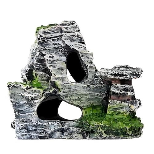 Resin Aquarium Mountain Decor with Moss Rock Cave - Multi-Level Terrain for Fish Tank Landscaping, Natural-Looking Rockery Design with Hidden Cave and Crevices for Shrimp, Reptile Habitat Aquascaping