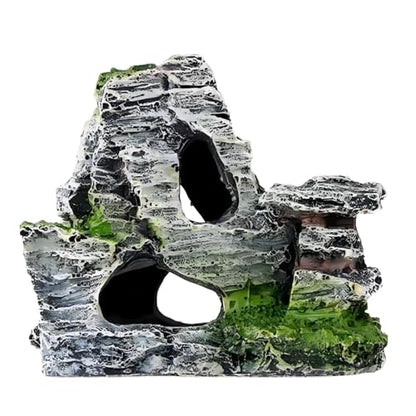 Resin Aquarium Mountain Decor with Moss Rock Cave - Multi-Level Terrain for Fish Tank Landscaping, Natural-Looking Rockery Design with Hidden Cave and Crevices for Shrimp, Reptile Habitat Aquascaping