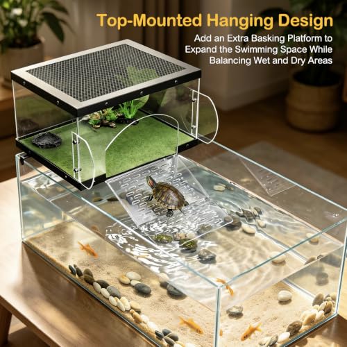 Turtle Basking Platform with Kit for Red Eared Slider Extra Large | Top Mounted Hanging Dock Escape-Proof Design Turtle Elevated Basking Loft Area Slip-Resistant Ramp Fits 18-24'' Wide Aquarium