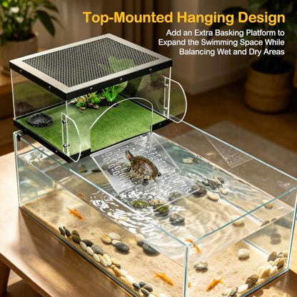 Turtle Basking Platform with Kit for Red Eared Slider Extra Large | Top Mounted Hanging Dock Escape-Proof Design Turtle Elevated Basking Loft Area Slip-Resistant Ramp Fits 18-24'' Wide Aquarium