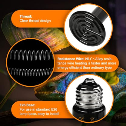 HealSmart Reptile Heat Lamp 100W 2-Pack Ceramic Heat Emitter, No Light Emitting Infrared Heat Bulbs for Amphibian Pet Brooder Coop Incubating Chicken, Lizard Bearded Dragon Turtle Snake Terrarium - size: 100 Watts, style: D-85mm (3.35") *2 Pcs