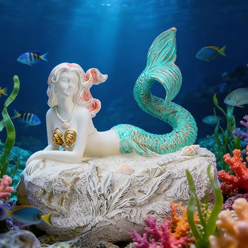 Teaeeno Faux Log Fish Cave, Mermaid Statue Decor | Decorative Shelter for Koi and Fish Ponds Aquariums and Terrariums Mermaid Decoration Sculpture - color: Pink