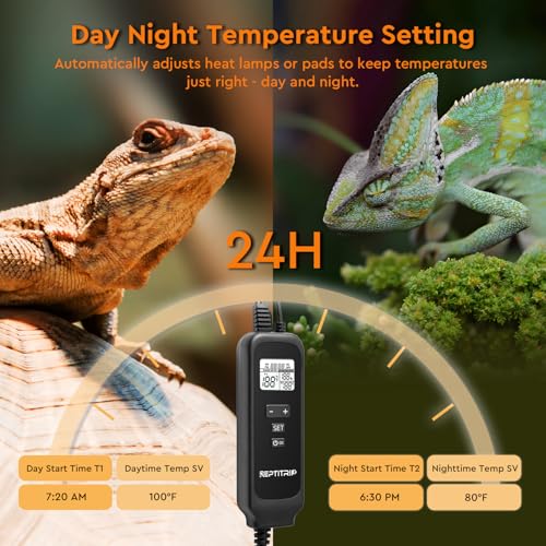 Reptile Dimming Thermostat, Adjustable Day and Night Temperature, Thermostat for Reptile Heat Lamp Heat Pad, PID Temperature Controller, Memory Function, ℉/℃ (Model: PT02A) - color: Day/Night Temp Set