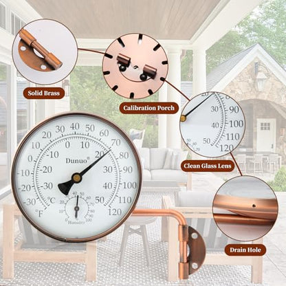 4-Inch Brass Outdoor Thermometer & Humidity Gauge, Analog Dial | Weatherproof Battery-Free Analog Hygrometer, °F/°C Dual Scale, Adjustable Swivel Bracket for Patio, Window & Greenhouse - size: 4inch thermo&hygrometer