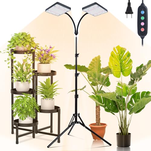 2Head Grow Light with Stand, 50 Watt Grow Lights for Indoor Plants, Natural Sunlight Full Spectrum Plant Growing Lamps for Tall Houseplants & Bonsai Tree, 4/8/12/16/20H 5-Mode Timer - size: 2Head Stand(50W)