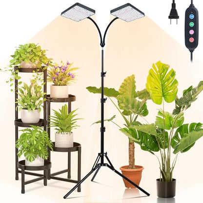 2Head Grow Light with Stand, 50 Watt Grow Lights for Indoor Plants, Natural Sunlight Full Spectrum Plant Growing Lamps for Tall Houseplants & Bonsai Tree, 4/8/12/16/20H 5-Mode Timer - size: 2Head Stand(50W)