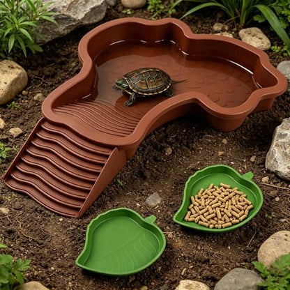 3 Pcs Aquatic & Terrestrial Reptiles Bathing Pool Set, Turtle Water Bowl | Tortoise Water Dish with Removable Ramp and 2 Pcs Feeding Dish - color: Dark Brown【1 x Water Dish, 2 x Feeding Dish】