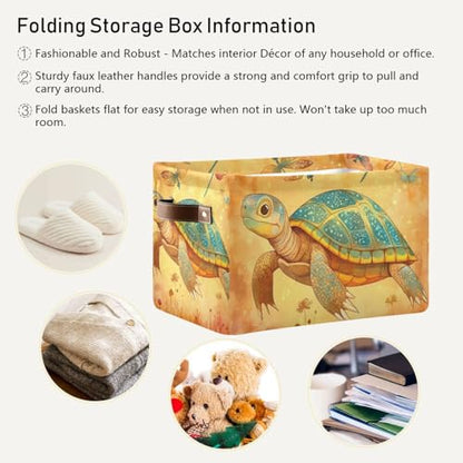 Cartoon Turtle Reptile Terracotta storage baskets 1 pack, foldable and waterproof durables fabric storage cubes with sturdy handle stuff set for dorm