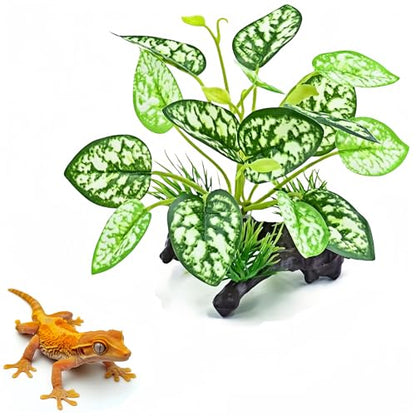 2 pcs Reptile Artificial Plants, Terrarium Decorations Supplies | Amphibian Habitat Hideout Tank Accessories, Rainforest Ground Plant