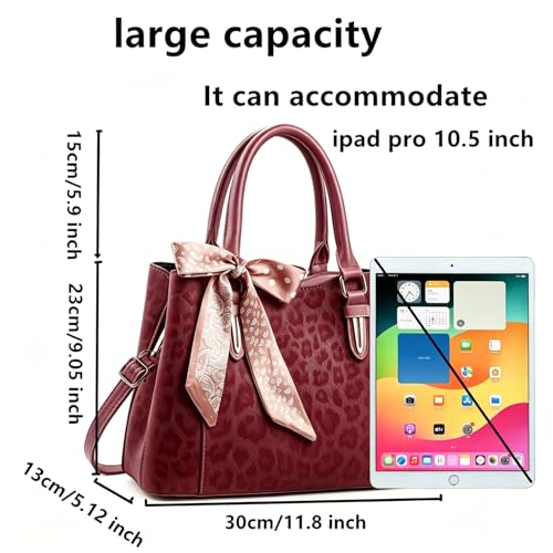 3 Compartment Satchel Purse Top Hnadle Bags Hobo Handbag for Women | Multi Compartment,Medium,Leopard Print Faux Fur,Detachable Shoulder Crossbody Strap,Work Office Daily,High elasticity base - color: Wine Leopard