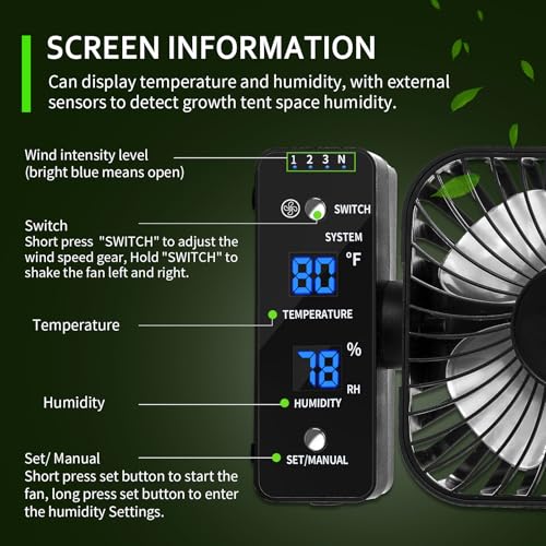 4" Grow Tent Clip Fan with Temperature & Humidity Control, LCD Display, Oscillating Fan for Hydroponics
