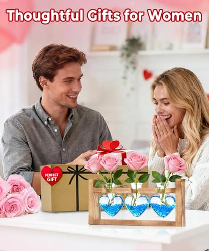 Plant Terrarium with Wooden Stand, 3 Heart Bulb Glass Vases | Wooden Stand Tabletop for Air Planter, Gifts for Mom Plant Lovers Mom Women Wife Grandma - color: Transparent