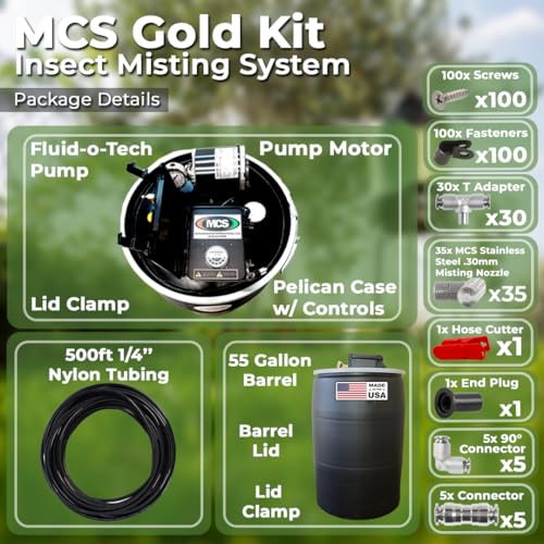 55 Gallon Gold Insect Misting System Kit - for Mosquitos, Flies, Pests, Repairs, Expansion, Tune-up, Backyard, Patio, Barns, Gardens, Greenhouses, Farms, Stables