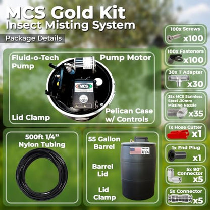 55 Gallon Gold Insect Misting System Kit - for Mosquitos, Flies, Pests, Repairs, Expansion, Tune-up, Backyard, Patio, Barns, Gardens, Greenhouses, Farms, Stables
