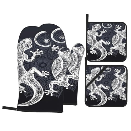 Gecko Lizard Abstract Reptile Animal Herpetology1 4-Piece Oven Mitts and Handle Covers Set - Heat Resistant Baking Gloves for Kitchen BBQ Grilling